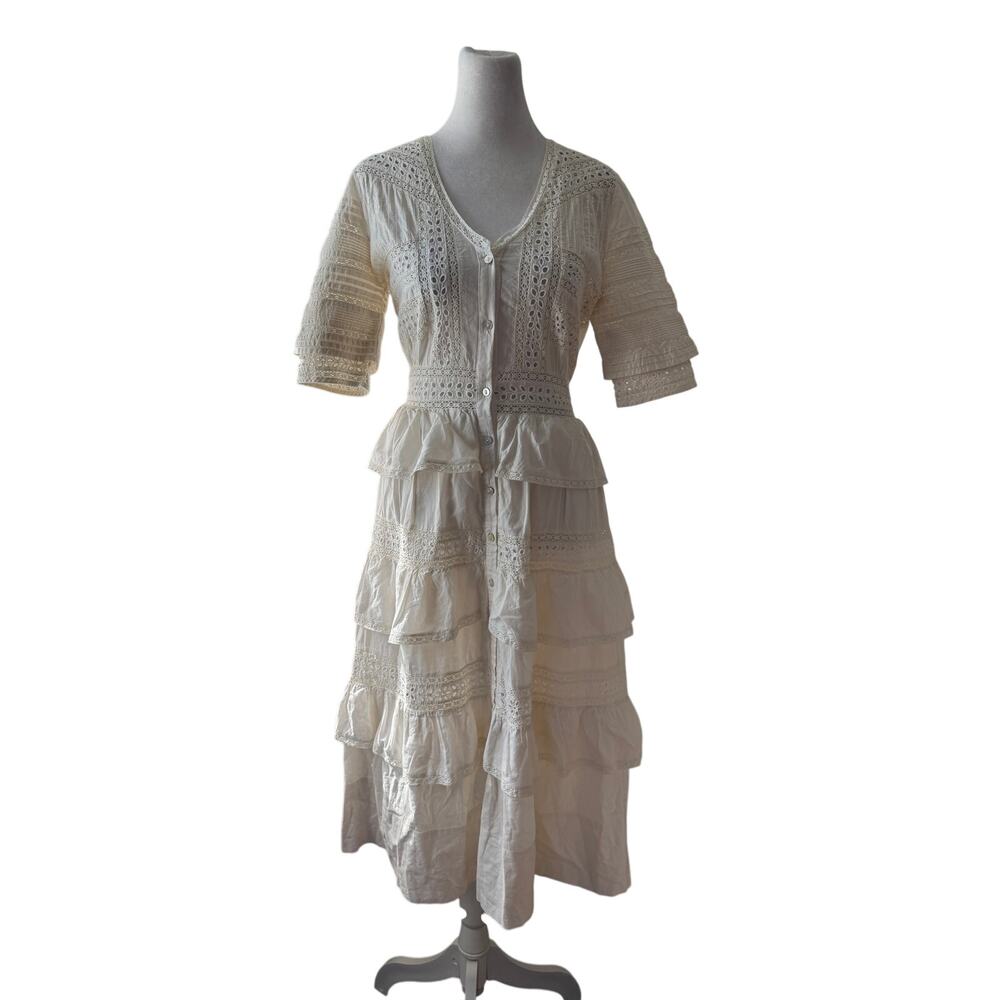 LoveShackFancy Rebecca 100% Cotton White Lace Embroidered Tiered Midi Dress - Picture 6 of 14